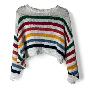 Lumière – Women’s Cropped Rainbow Stripe Cotton Sweater White Multi – Sz. S